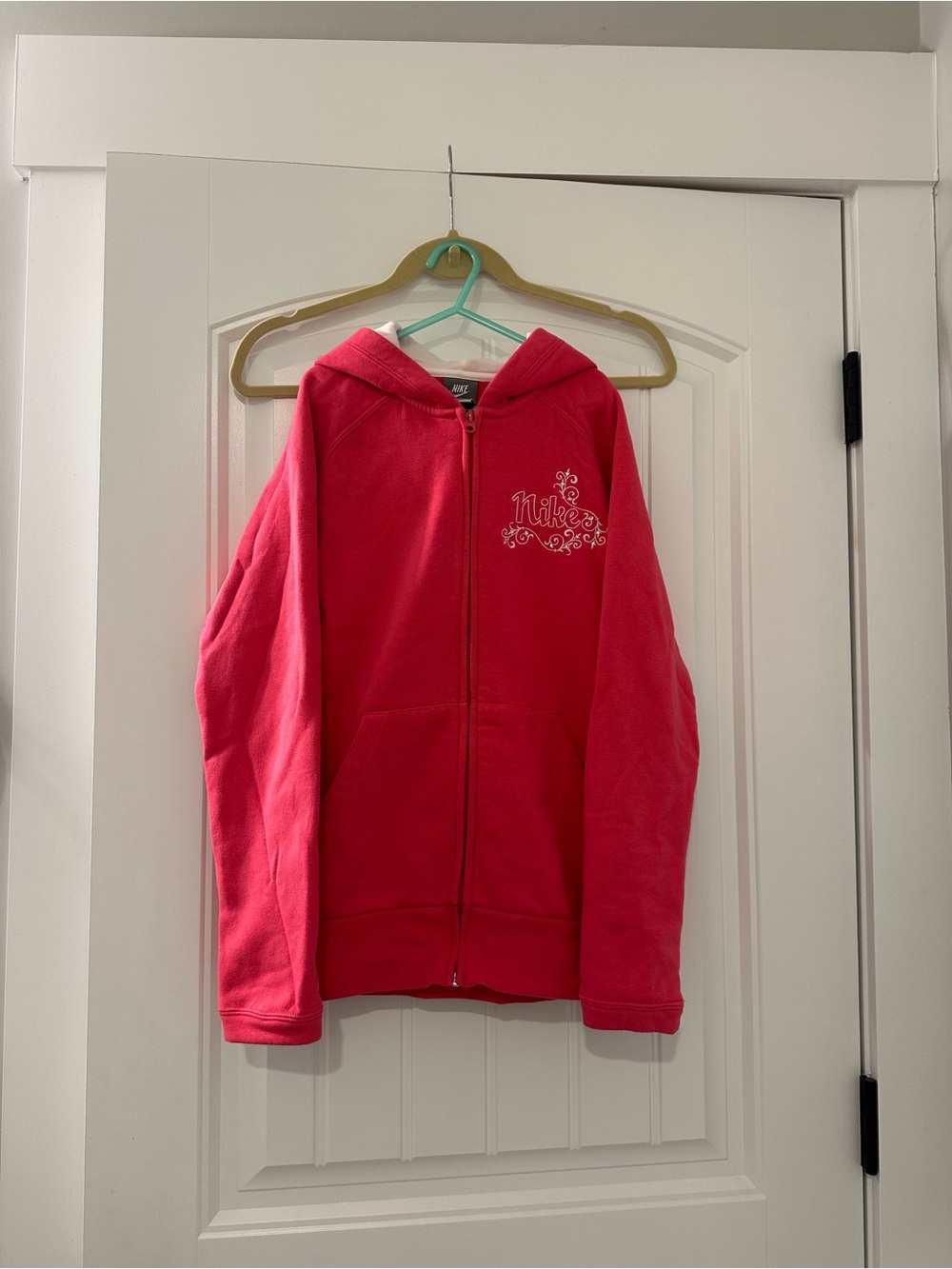 Nike Rhinestone Embroidered Logo Pink Zip Up Hoodie Jacket Girls Size L (14)